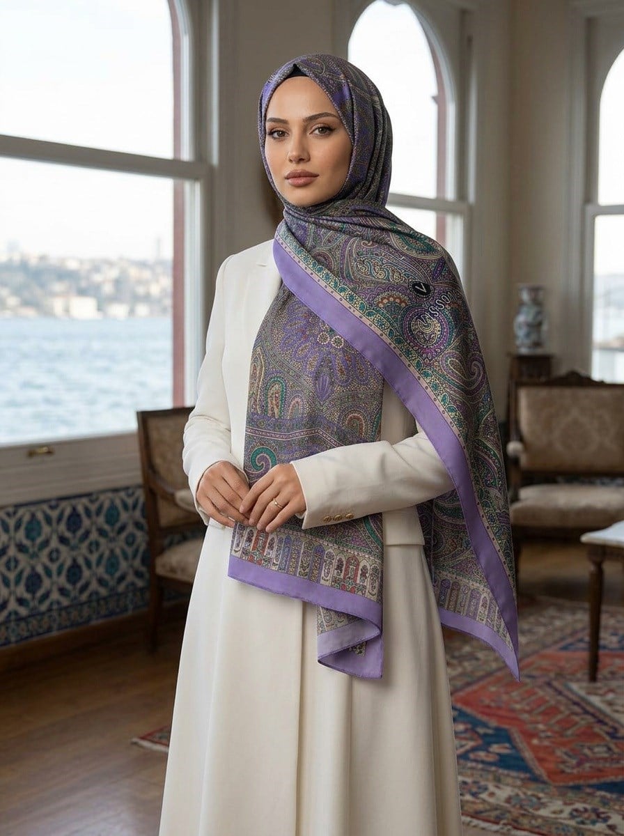 100% İPEK ETRO DESENLİ MOR RENKLİ ŞAL
