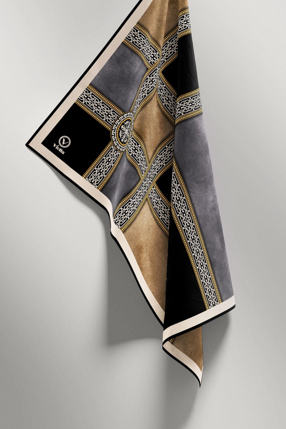 Twill Geometrik Desenli Gri Renkli 90x90 Eşarp (İpek İçermez) Kenar Dikiş Şekli El Dikişli