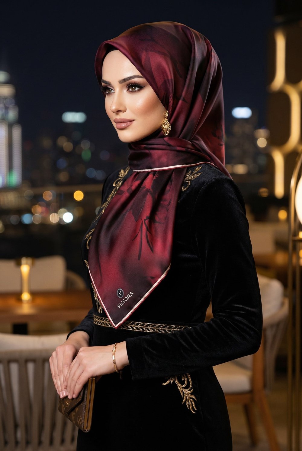 100% Twill İpek Çiçek Desenli Bordo Renkli 90x90 Dikim Şekli : El Dikişi Eşarp