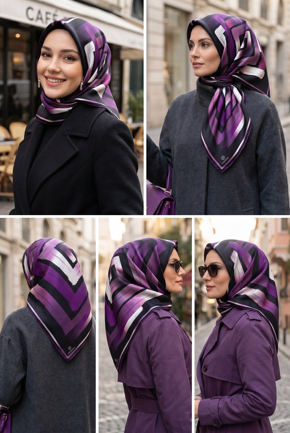 %100 Twill İpek Geometrik Fırça İzi Desenli Siyah - Mürdüm Renkli 90x90 Eşarp Dikim Şekli : El Dikişi