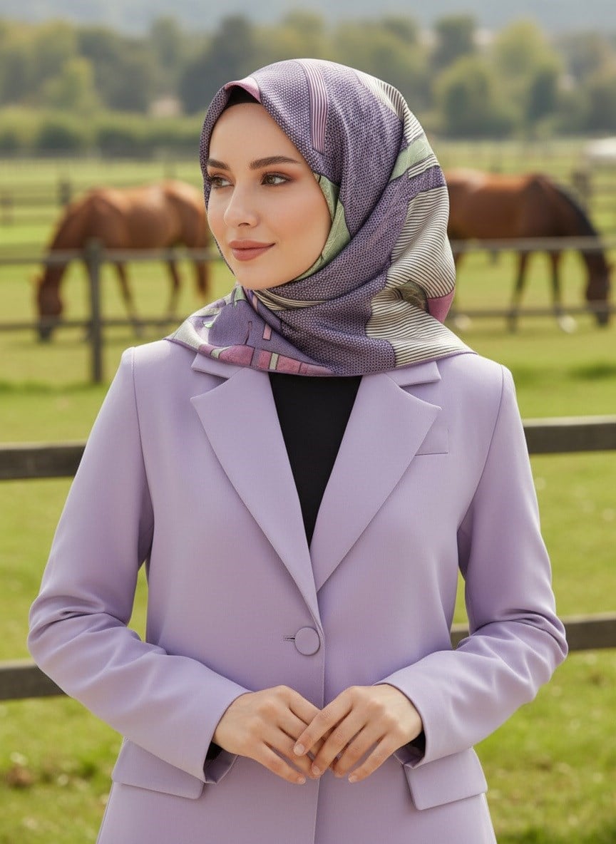 %100 Twill İpek Geometrik Desenli Lila Renkli 90x90 Eşarp Dikim Şekli : El Dikişi