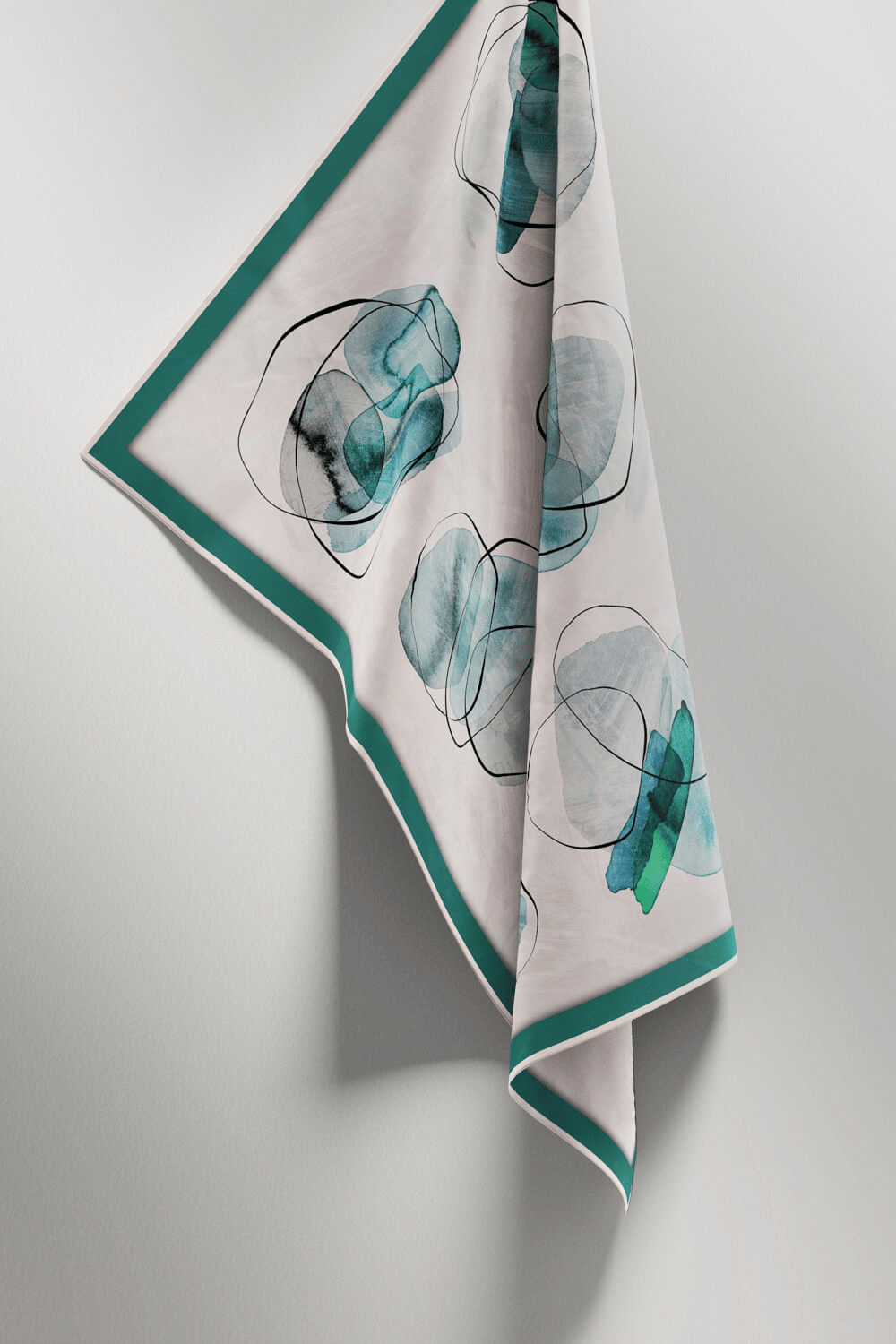 Twill Sulu Boya Geometrik Desenli Petrol Yeşili Renkli 90x90 Eşarp (İpek İçermez) Kenar Dikiş Şekli El Dikişli