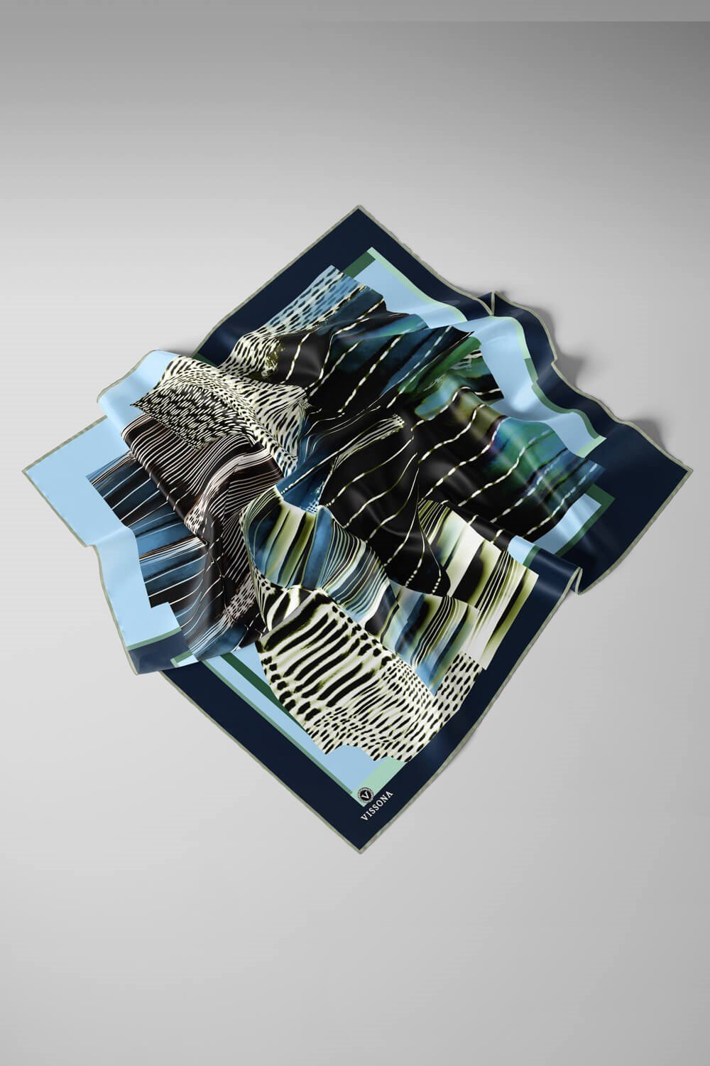%100 Twill İpek Geometrik Desenli Petrol Mavisi - İndigo Renkli 90x90 Eşarp Dikim Şekli : El Dikişi
