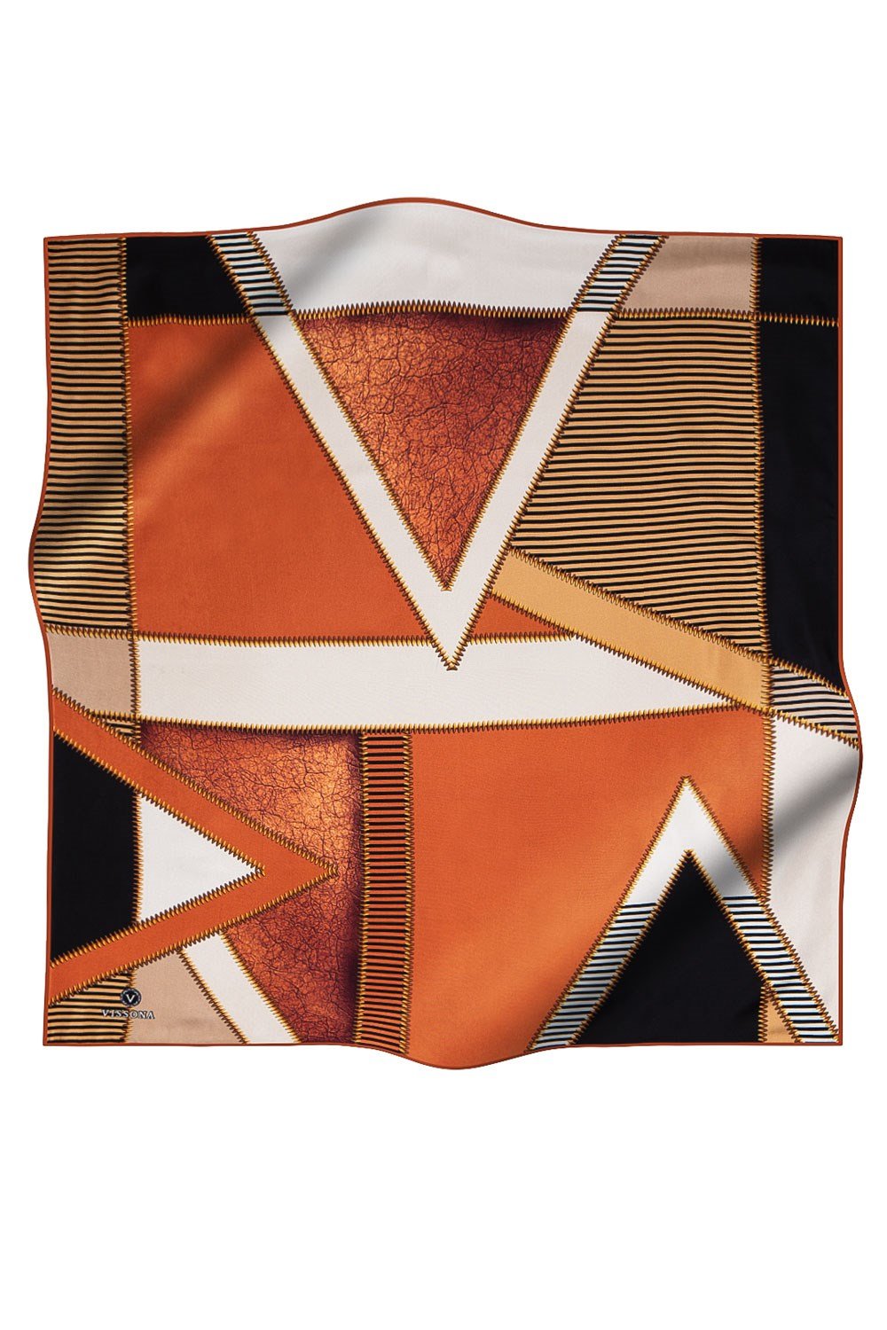 %100 Twill İpek Geometrik Desenli Taba - Siyah Renkli 90x90 Eşarp Dikim Şekli : El Dikişi
