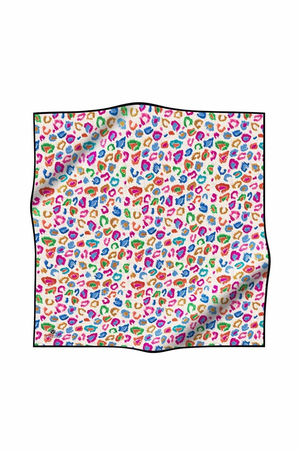 %100 Twill İpek Renkli Leopari Desenli Turuncu - Saks Renkli 90x90 Eşarp Kenar Dikiş Şekli El Dikişli