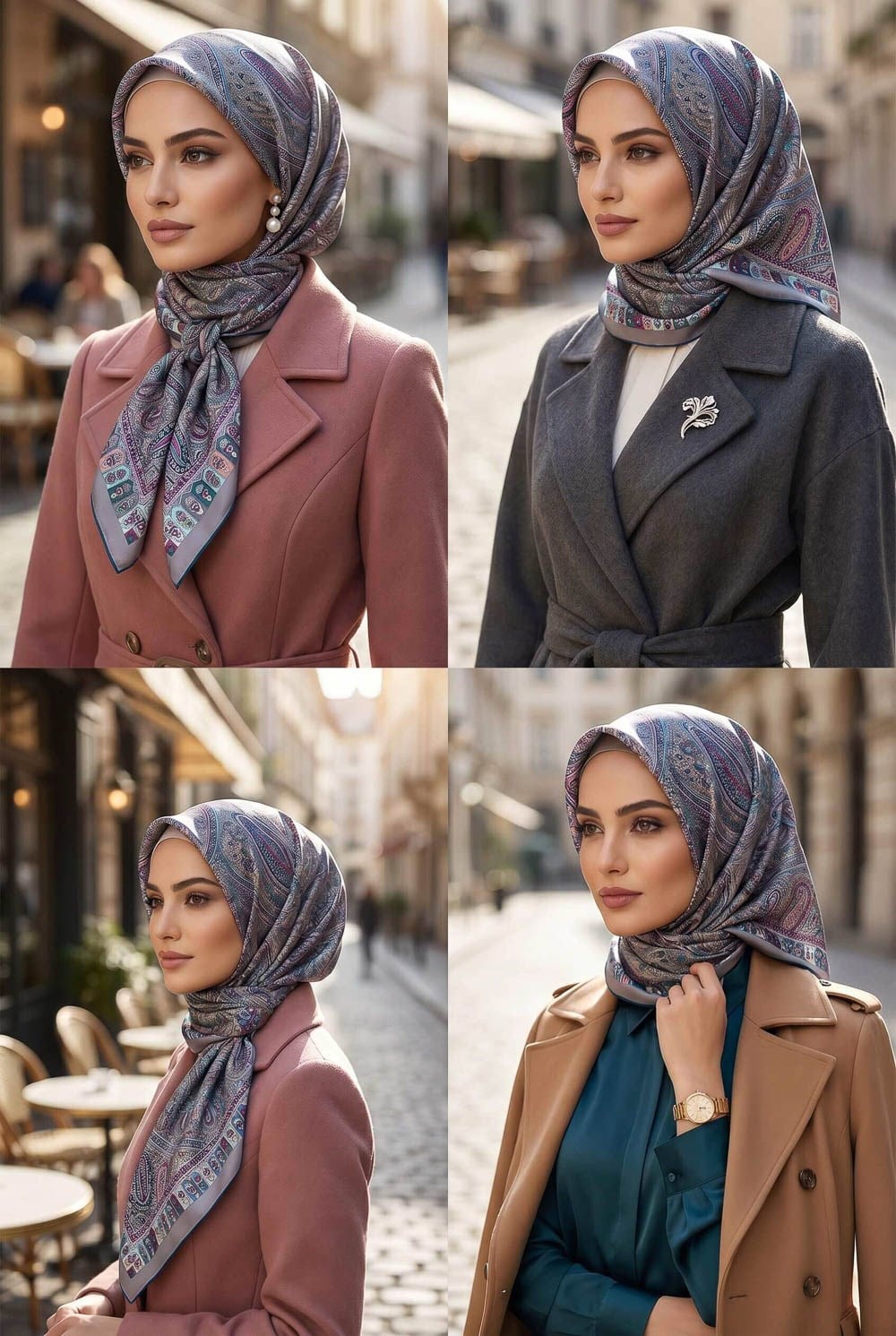 %100 Twill İpek Etro Desenli Gri Renkli 90x90 Eşarp Dikim Şekli : El Dikişi