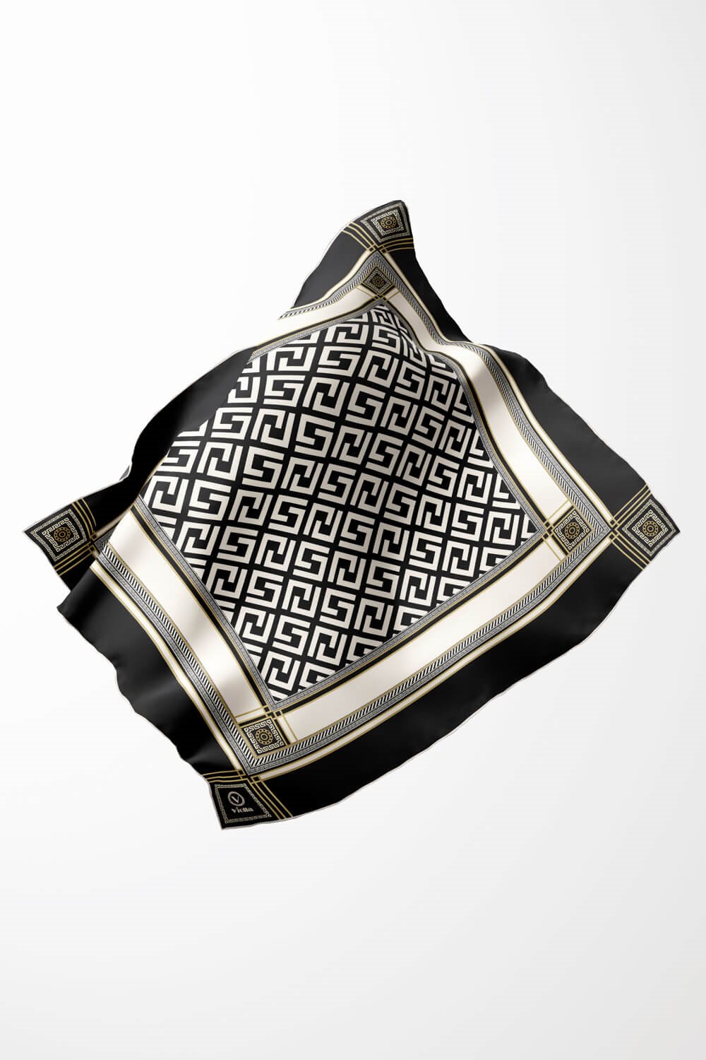 Twill Antik Desenli Siyah - Krem Renkli 90x90 Eşarp (İpek İçermez) Kenar Dikiş Şekli El Dikişli