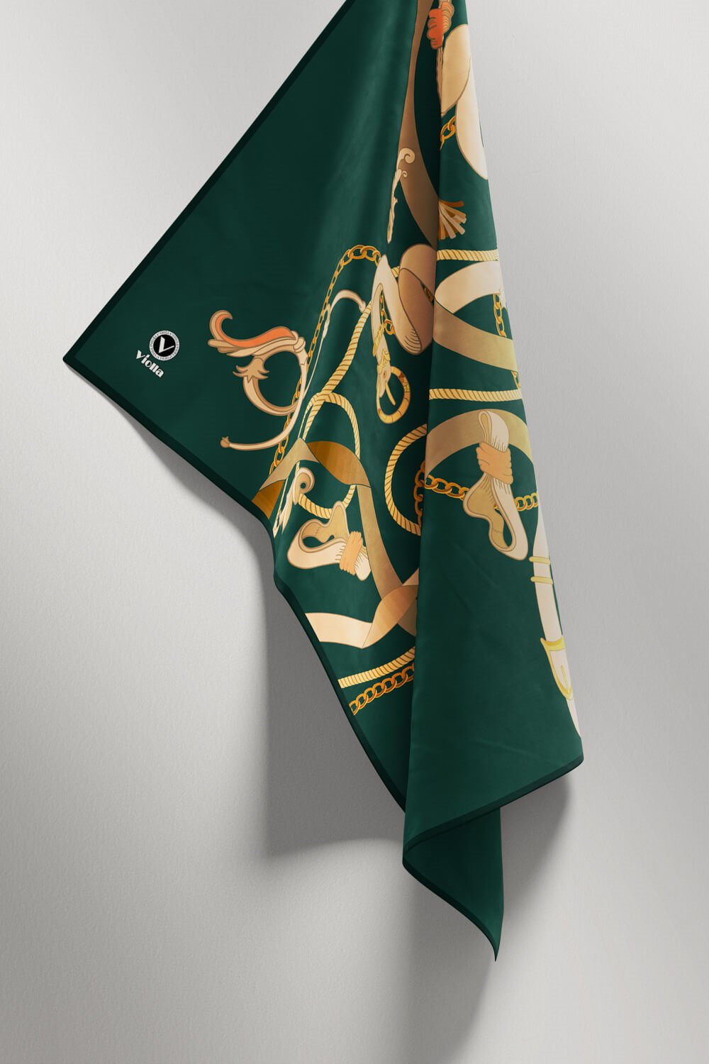 Twill Kemerli Ve Zincir Desenli Petrol Yeşili Renkli 90x90 Eşarp (İpek İçermez) Kenar Dikiş Şekli El Dikişli