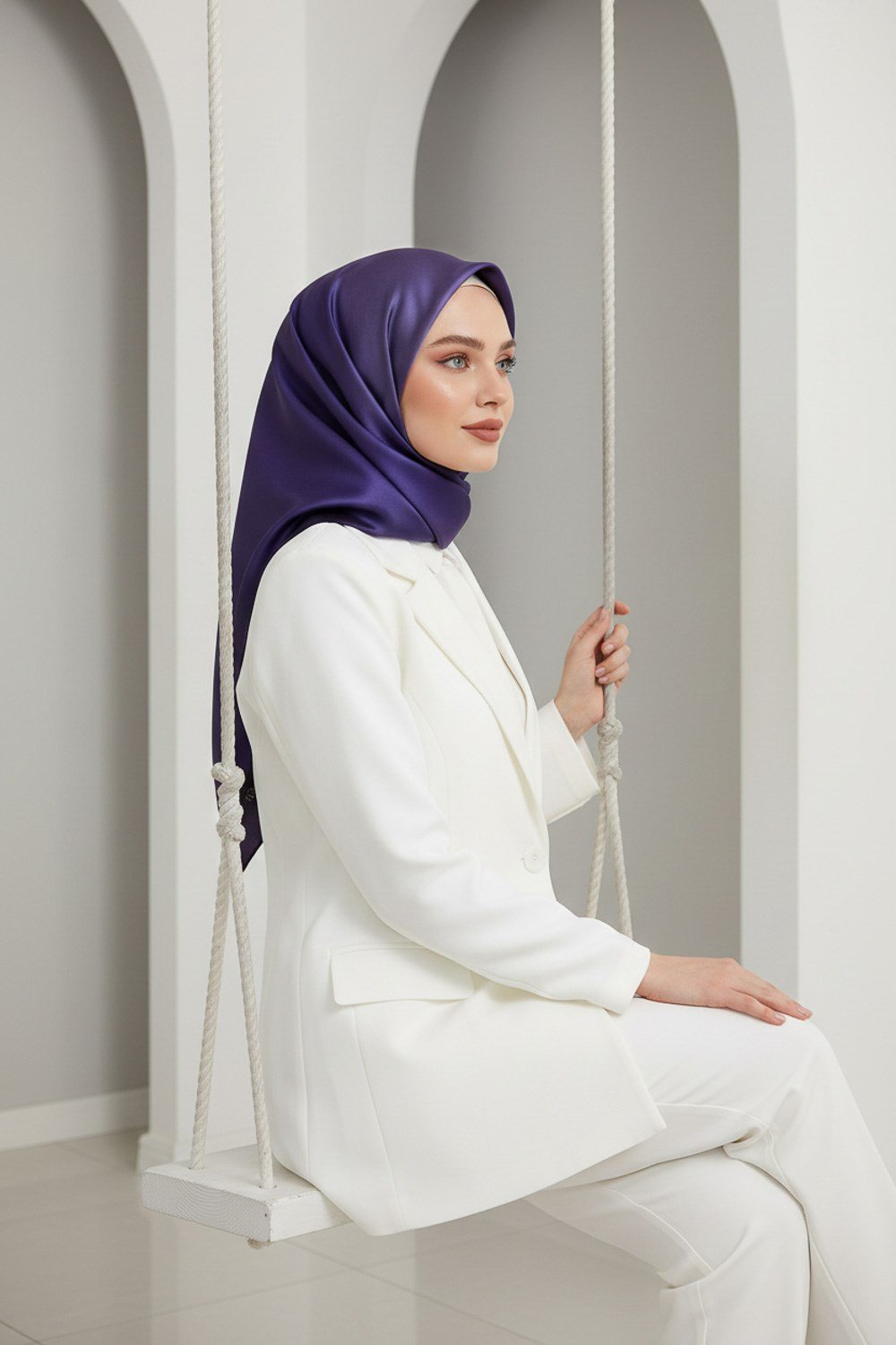 % 57 İPEK % 43 VİSKON Twill İpek Degrade Desenli Mor Renkli 90x90 Eşarp Dikim Şekli : El Dikişi