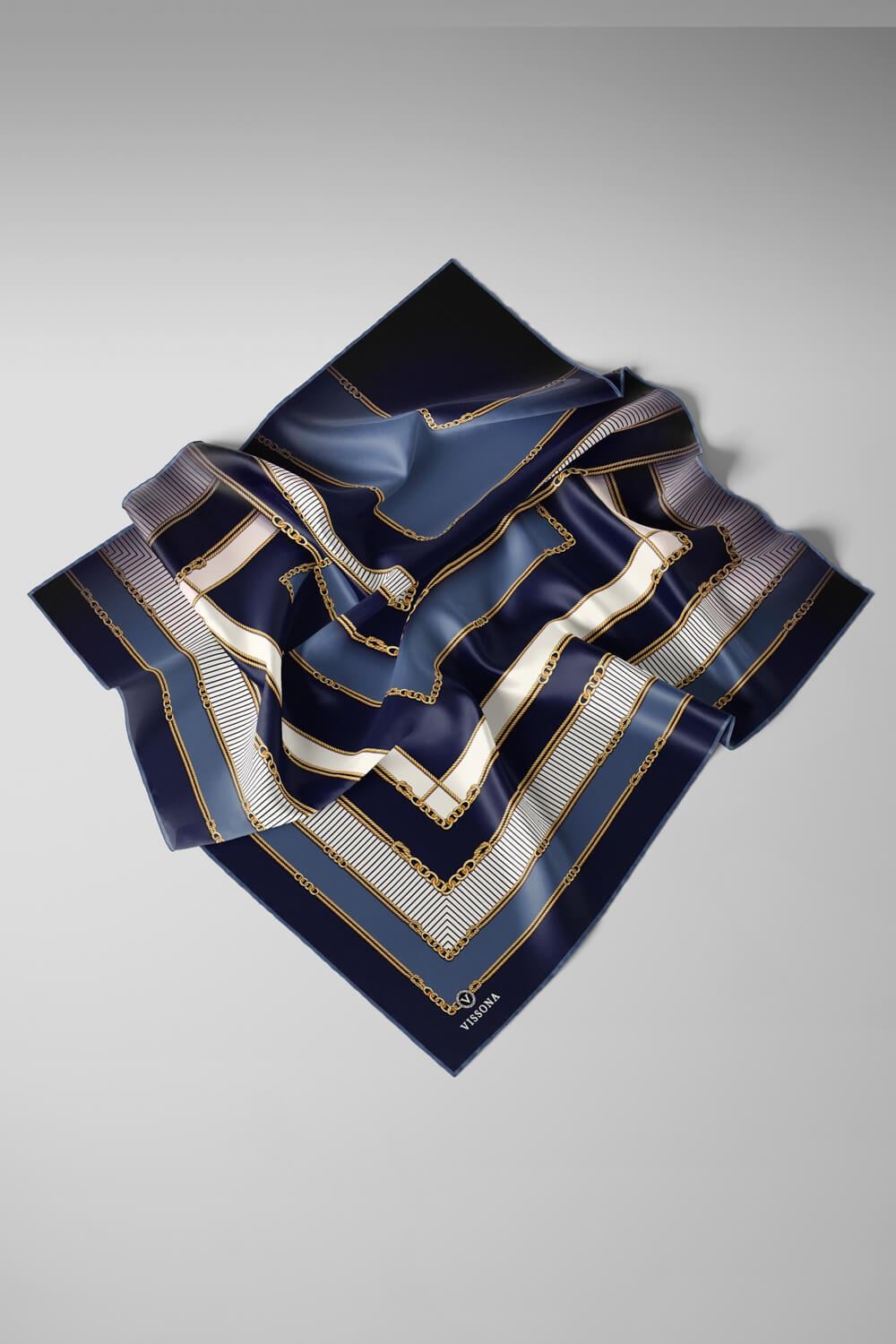 %100 Twill İpek Zincir Detaylı Geometrik Desenli Lacivert - İndigo Renkli 90x90 Eşarp Dikim Şekli : El Dikişi