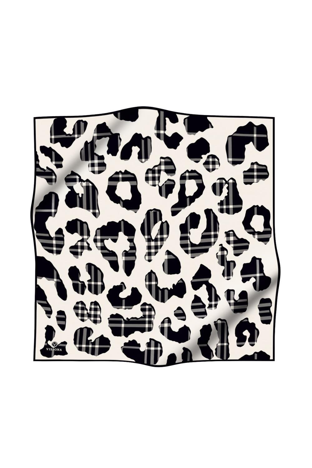 %100 Twill İpek Leopar Desenli Krem - Siyah Renkli 90x90 Eşarp Dikim Şekli : El Dikişi