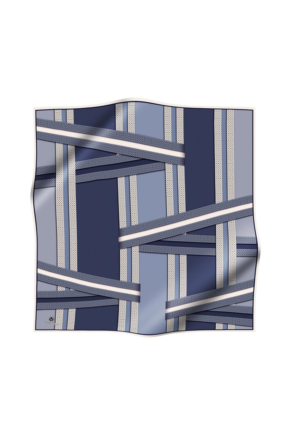 % 57 İPEK % 43 VİSKON Twill İpek Geometrik Desenli İndigo - Krem Renkli 90x90 Eşarp Dikim Şekli : El Dikişi