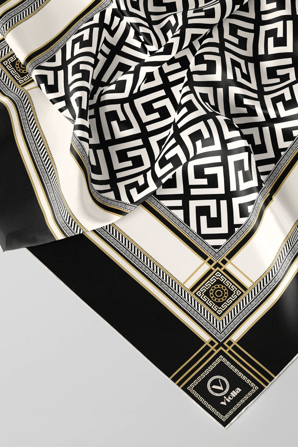 Twill Antik Desenli Siyah - Krem Renkli 90x90 Eşarp (İpek İçermez) Kenar Dikiş Şekli El Dikişli