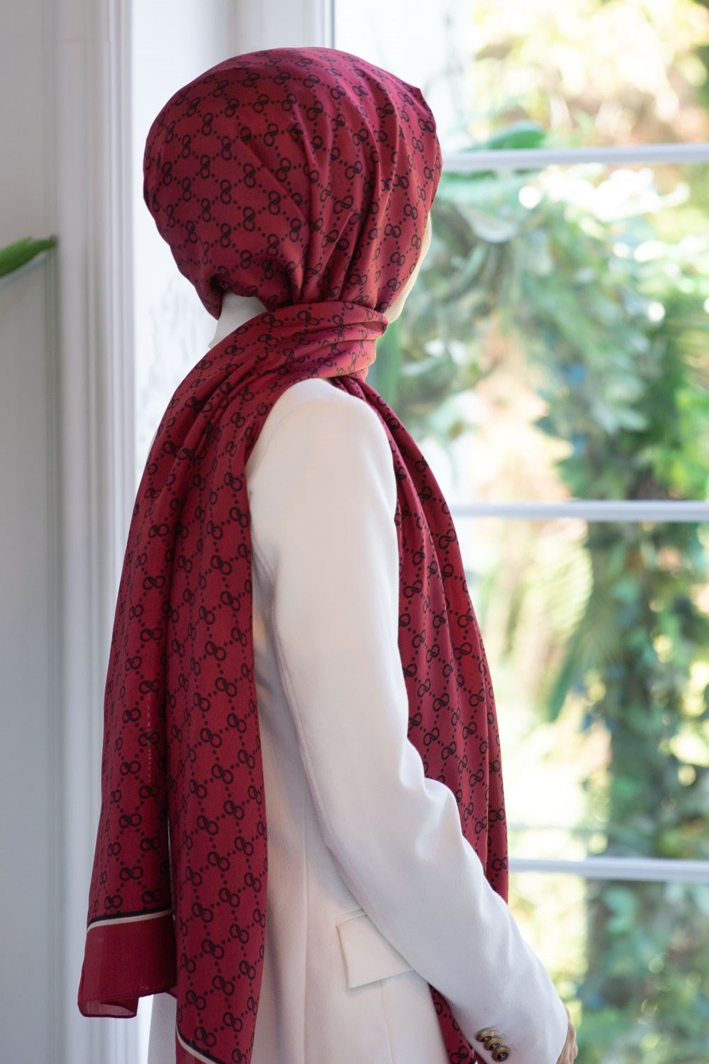%100 İpek Minik Motif Desenli Bordo Renkli 92x210 Şal