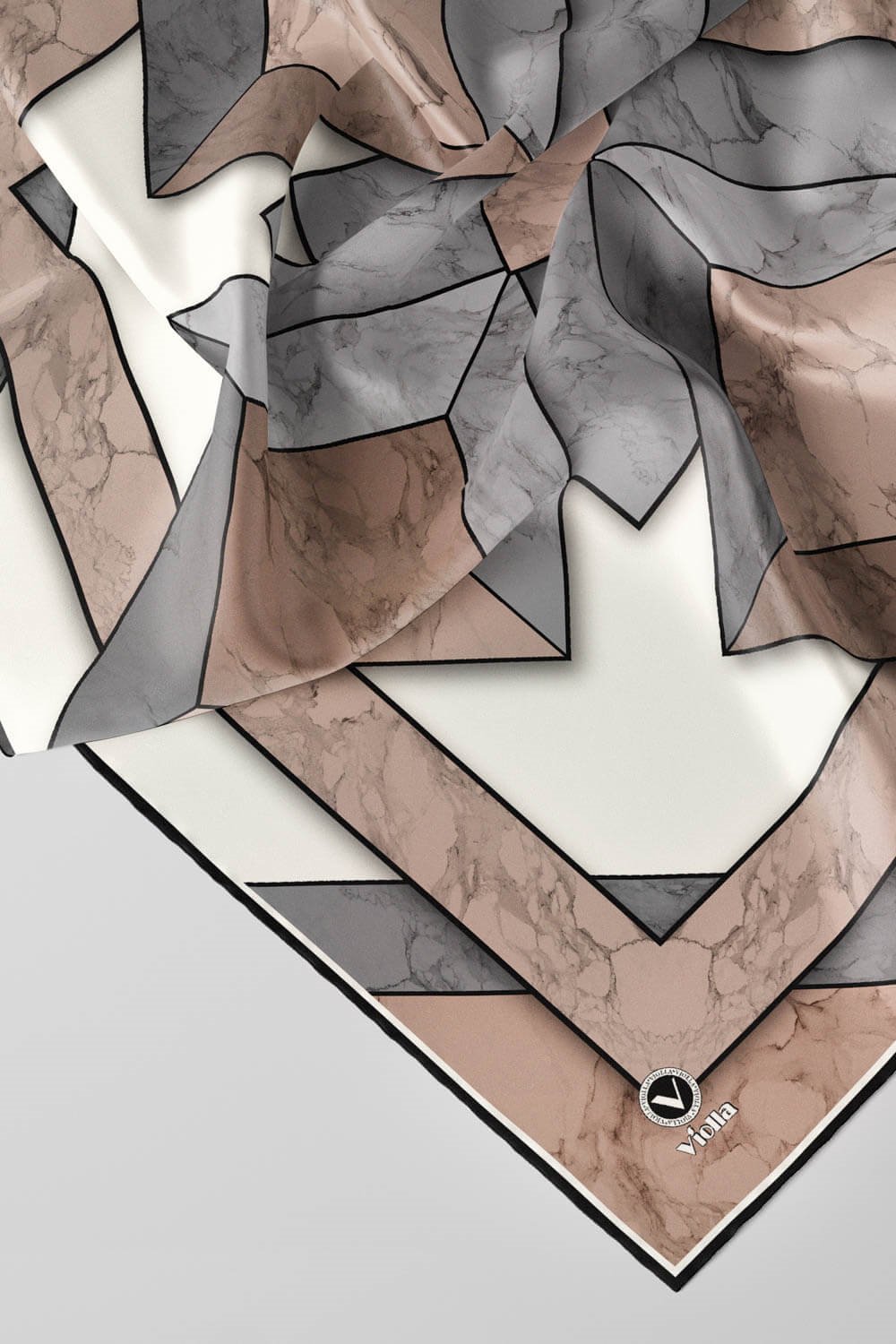 Twill Mermer Desenli Gri - Bej Renkli 90x90 Eşarp (İpek İçermez) Kenar Dikiş Şekli El Dikişli