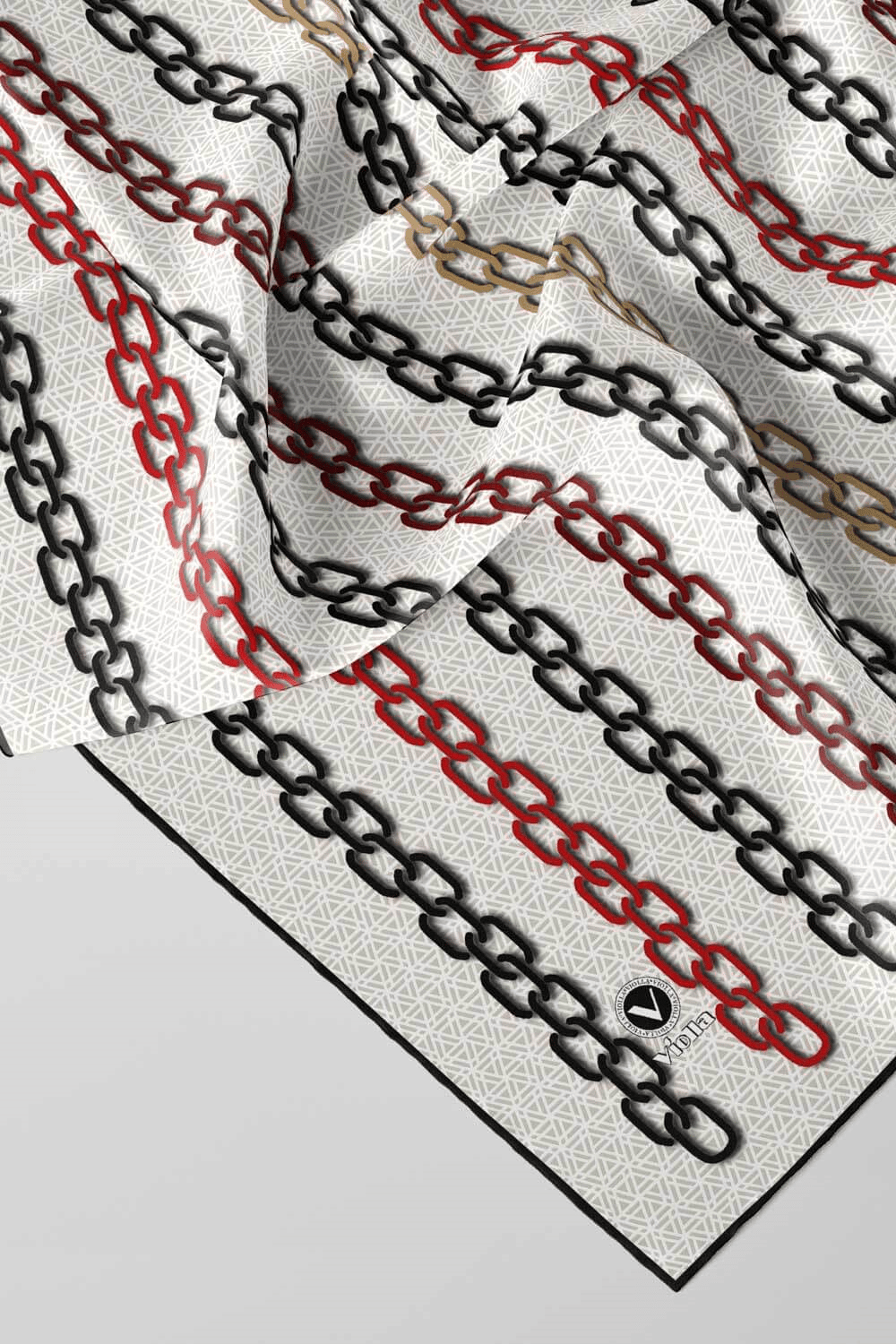 Twill Zincir Desenli Krem - Bordo Renkli 90x90 Eşarp (İpek İçermez) Kenar Dikiş Şekli El Dikişli