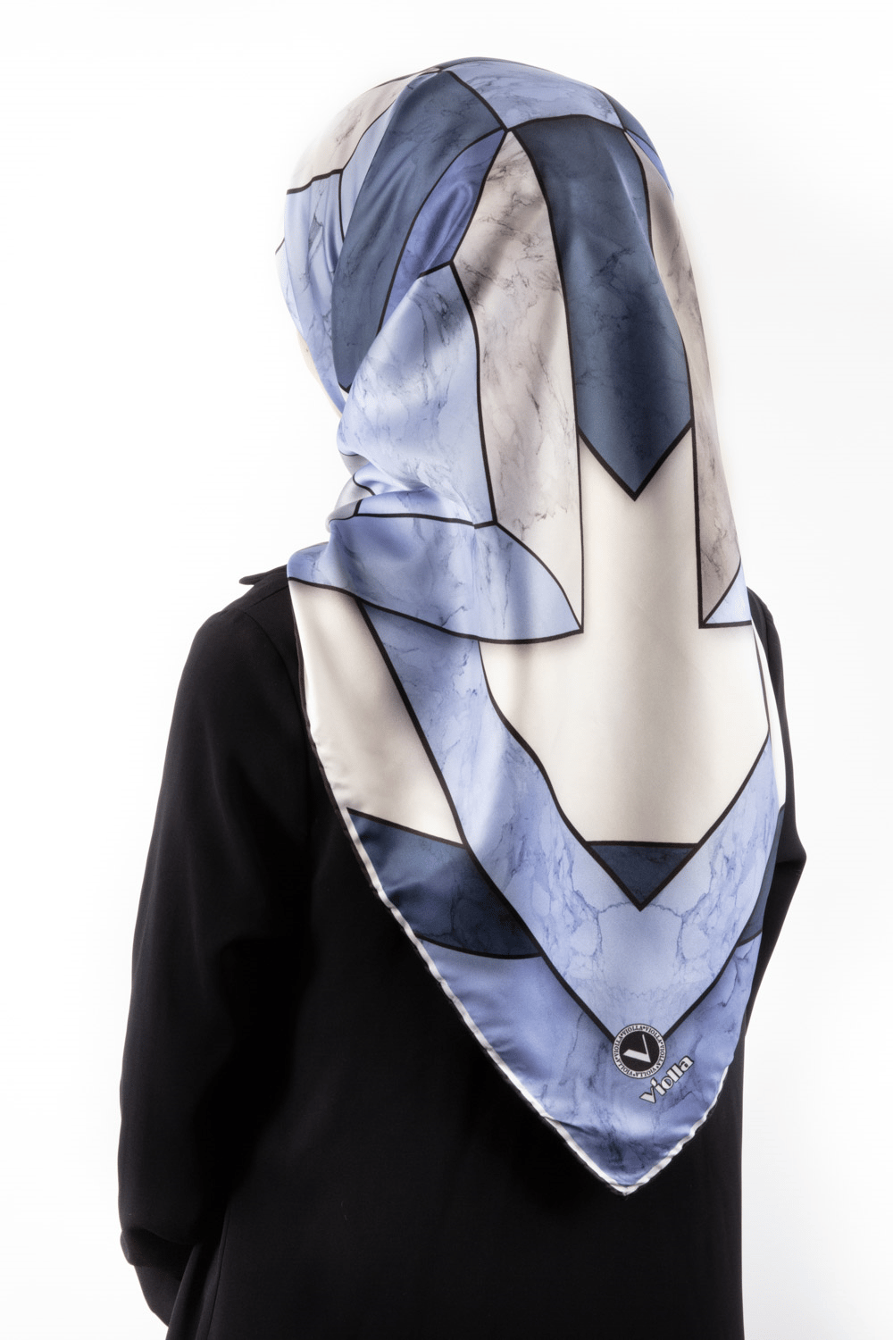 Twill Mermer Desenli İndigo - Lacivert Renkli 90x90 Eşarp (İpek İçermez) Kenar Dikiş Şekli El Dikişli
