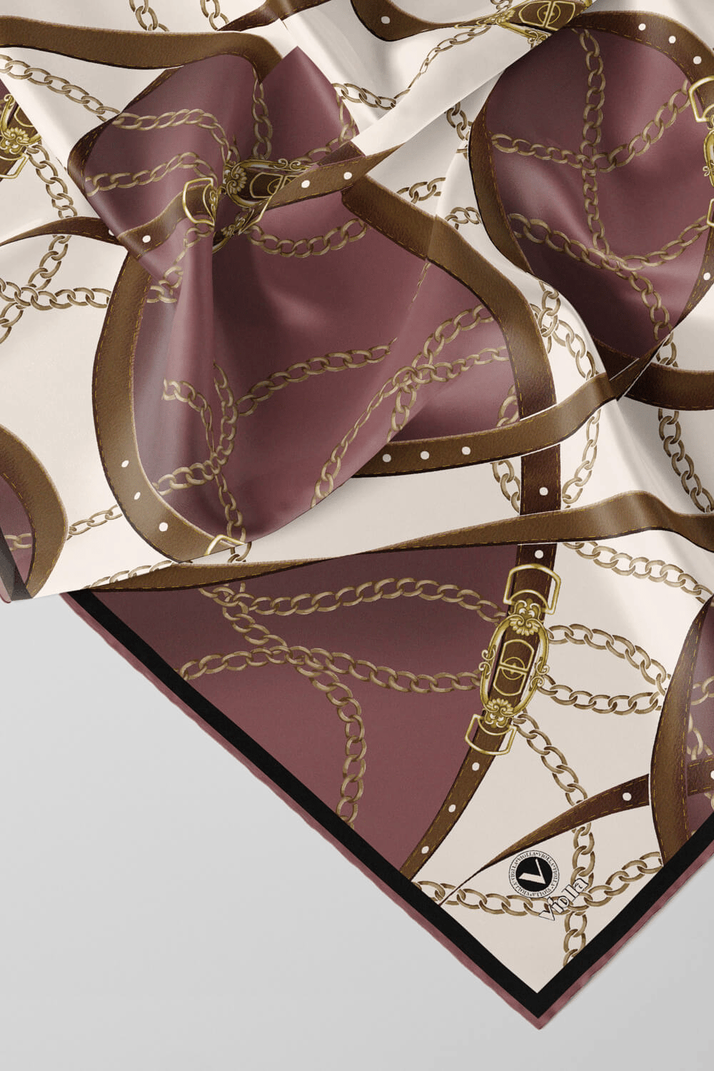 Twill Kemer ve Zincir Desenli Gül Kurusu Renkli 90x90 Eşarp (İpek İçermez) Kenar Dikiş Şekli El Dikişli