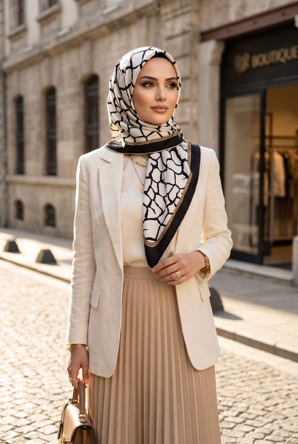 %100 Twill Taş Desenli Krem - Siyah Renkli 90x90 Eşarp Dikim Şekli: El Dikişi
