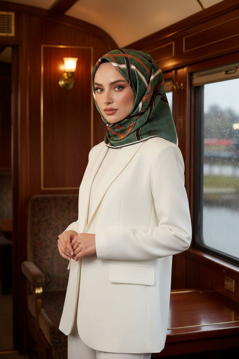 %100 Twill İpek Gold Şeritli Monogram Desenli Petrol Yeşili - Bakır Renkli 90x90 Eşarp Dikim Şekli : El Dikişi