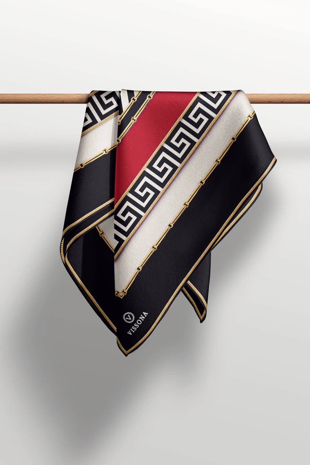 %100 Twill İpek Labirent Ve Geometrik Desenli Siyah - Bordo Renkli 90x90 Eşarp Dikim Şekli : El Dikişi
