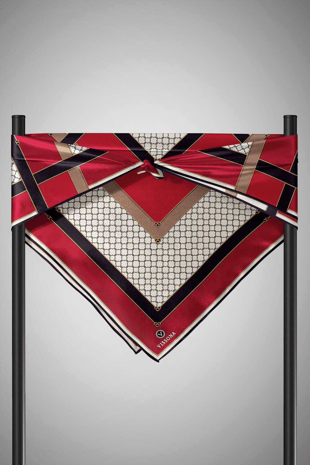 %100 Twill İpek Geometrik Desenli Bordo - Siyah Renkli 90x90 Eşarp Dikim Şekli : El Dikişi