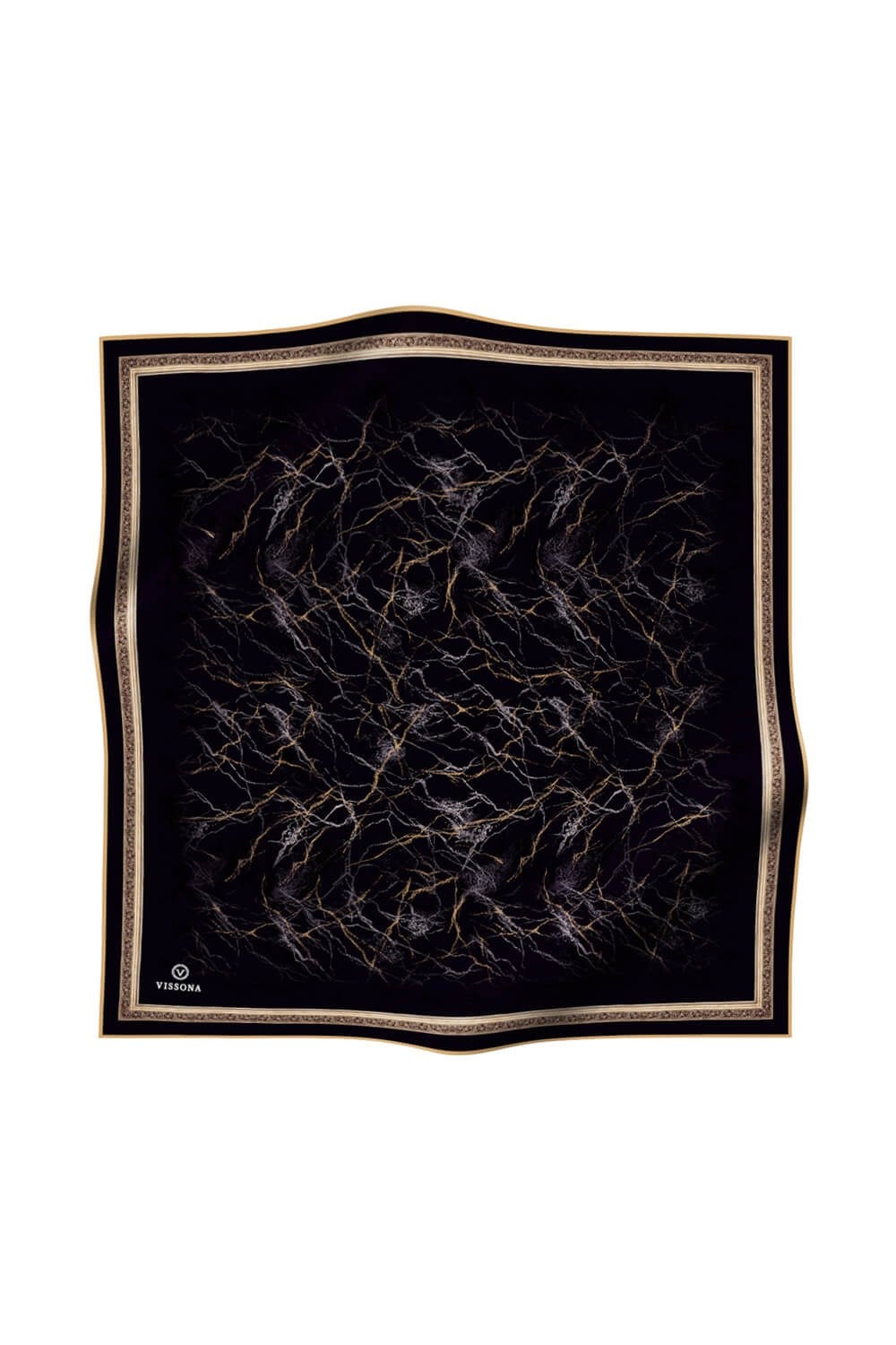 %100 Twill İpek Mermer Desenli Siyah Renkli 90x90 Eşarp Dikim Şekli : El Dikişi