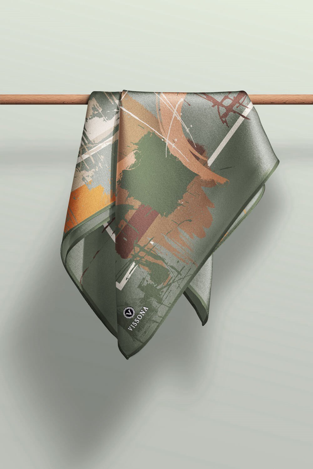 %57 İPEK %43 VİSKON Twill İpek Geometrik Desenli Çağla Yeşili - Bakır Renkli 90x90 Eşarp Dikim Şekli : El Dikişi