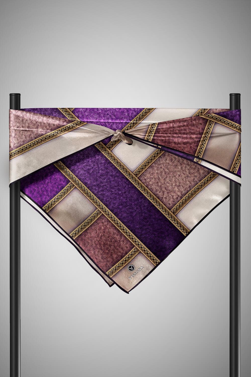 %100 Twill İpek Dokulu Ve Şerit Desenli Mor - Somon Renkli 90x90 Eşarp Dikim Şekli : El Dikişi