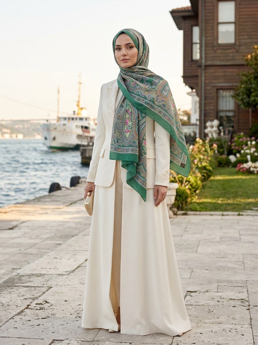 %100 İpek Etro Desenli Petrol Yeşili Renkli 92x210 Şal