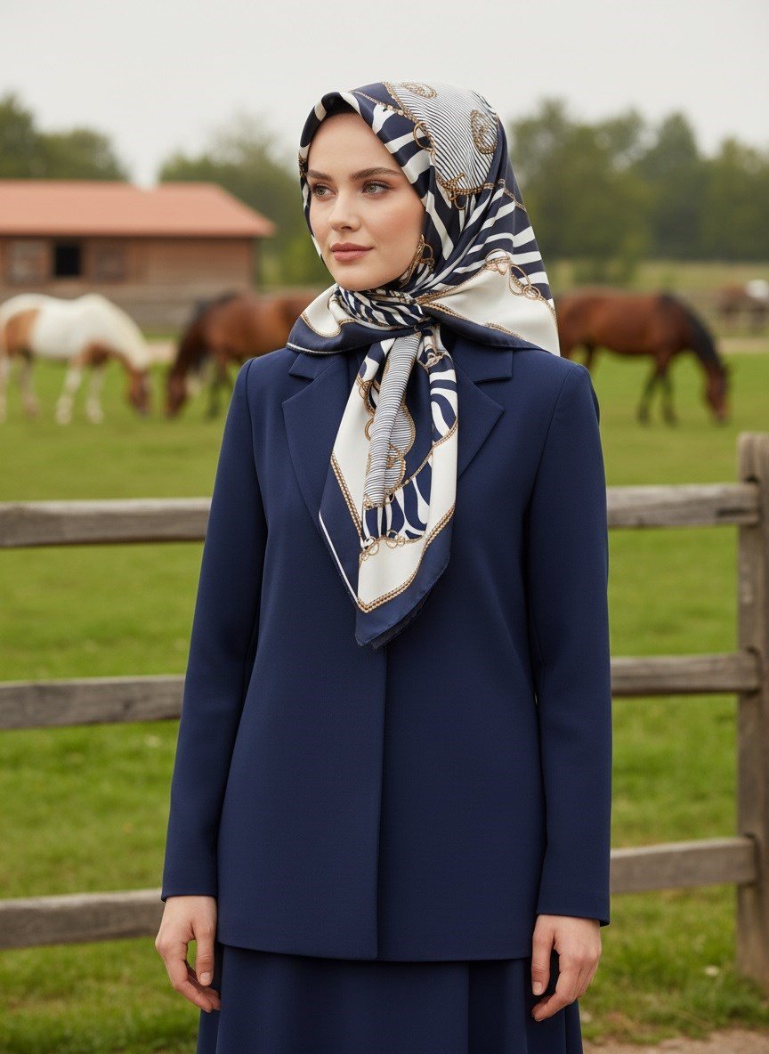 %100 Twill İpek Zincirli Ve Zebra Desenli Lacivert - Krem Renkli 90x90 Eşarp Dikim Şekli : El Dikişi