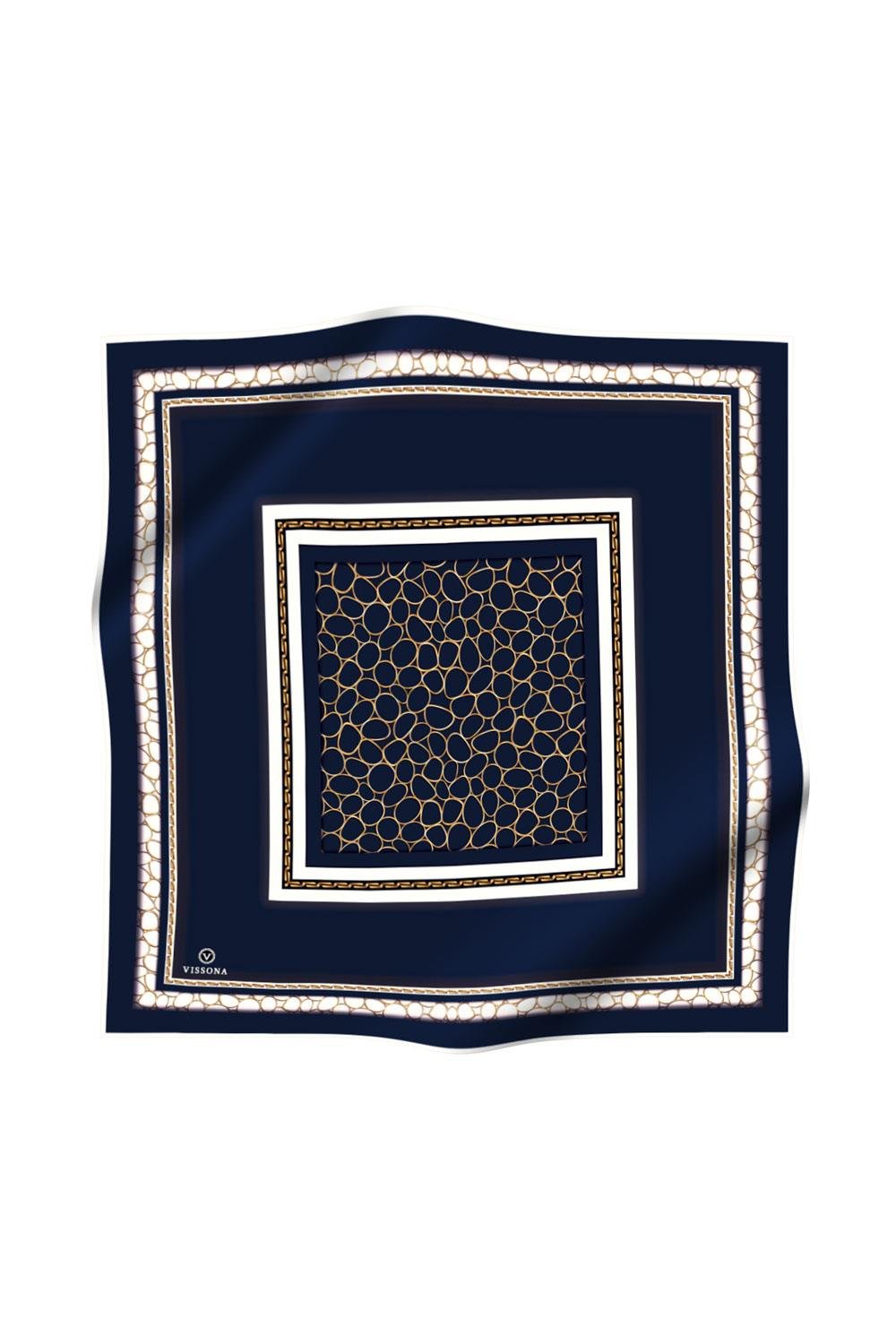 %100 Twill İpek Gold Halka Desenli Lacivert - Krem Renkli 90x90 Eşarp Dikim Şekli : El Dikişi