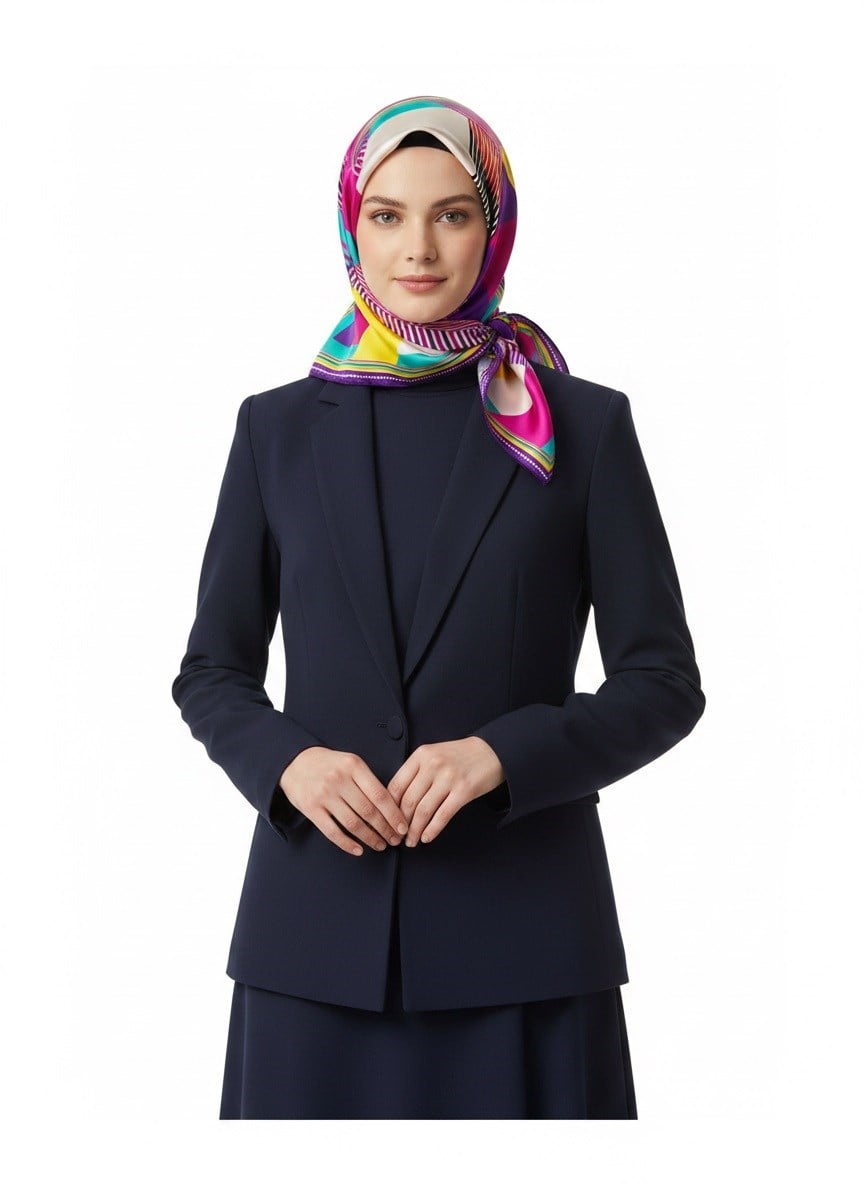 %100 Twill İpek Geometrik Desenli Fuşya - Mor Renkli 90x90 Eşarp Dikim Şekli : El Dikişi