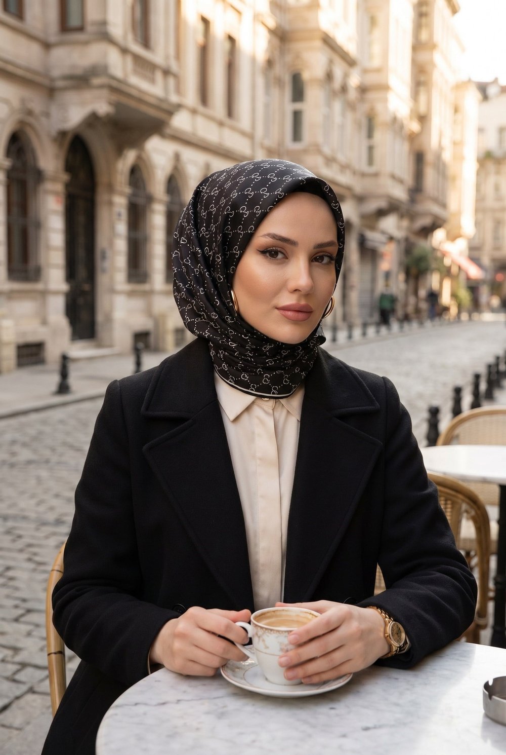 %100 Twill İpek Geometrik Desenli Siyah - Beyaz Renkli 90x90 Eşarp Dikim Şekli : El Dikişi