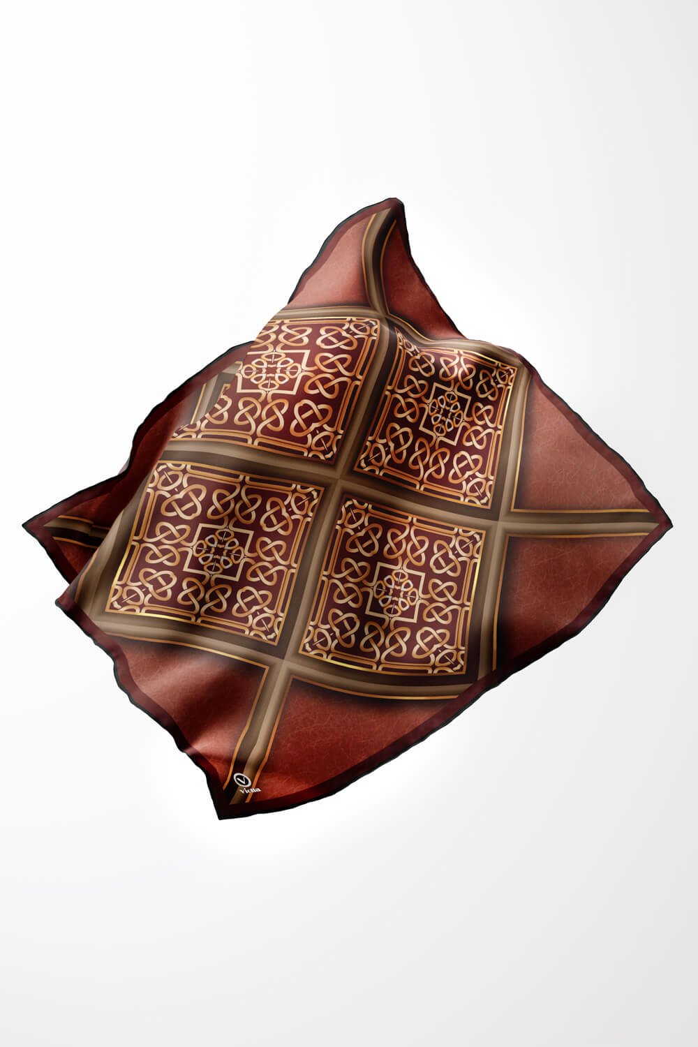 Twill Gold Çerçeveli Barok Desenli Taba Renkli 90x90 Eşarp (İpek İçermez) Kenar Dikiş Şekli El Dikişli