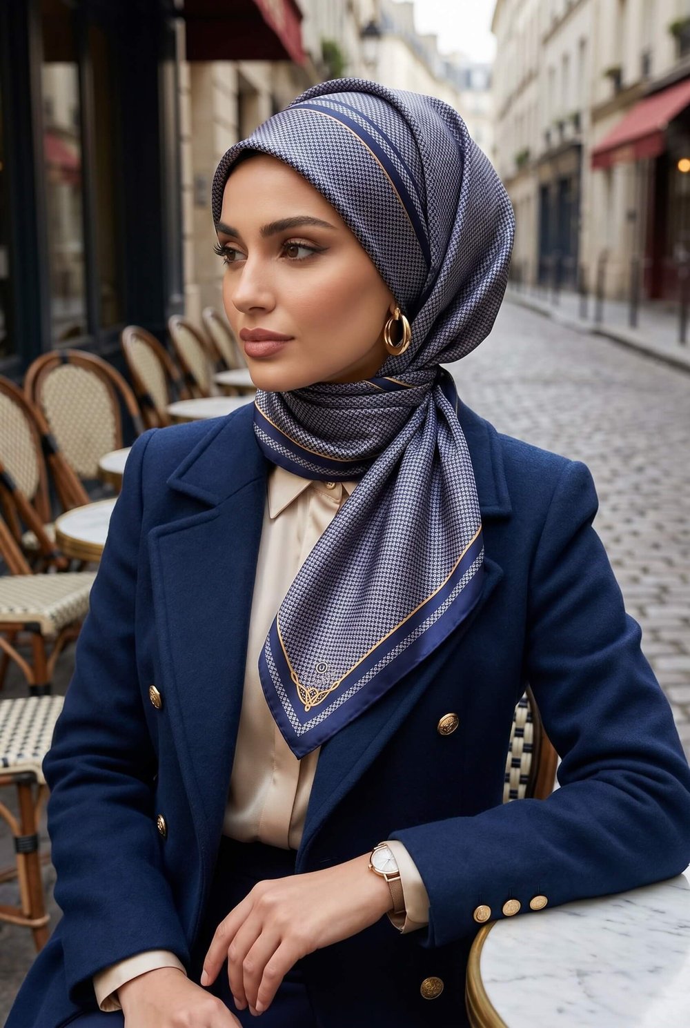 %100 Twill İpek Minik Motif Desenli Lacivert - Lacivert Renkli 90x90 Eşarp Dikim Şekli : El Dikişi