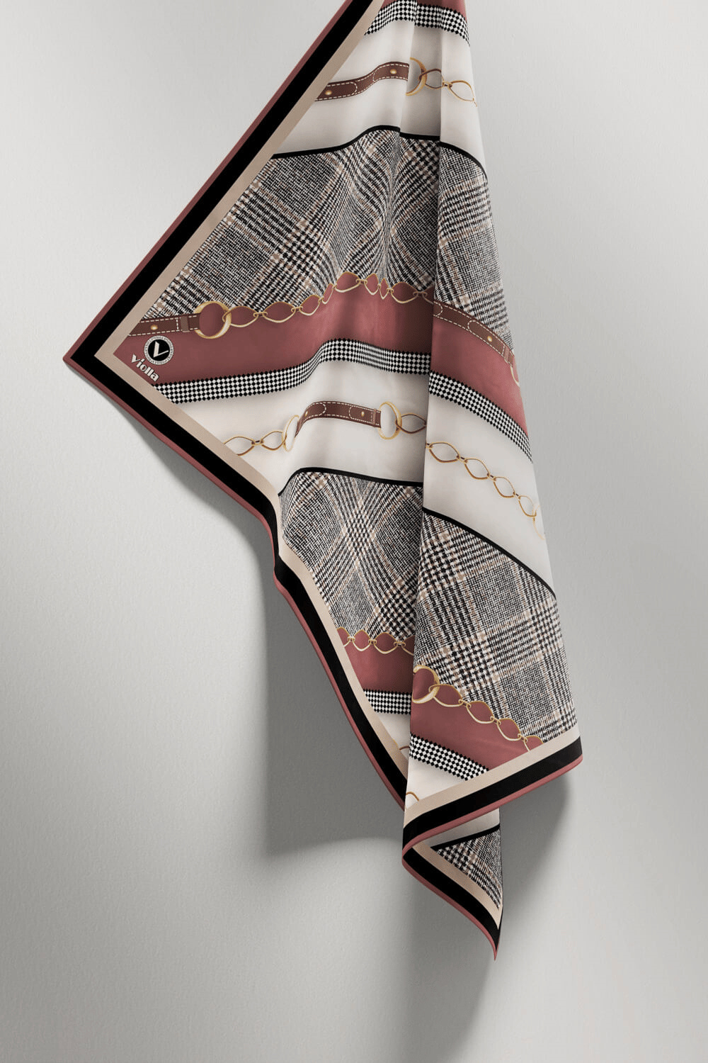 Twill Kemer Desenli Pudra Renkli 90x90 Eşarp (İpek İçermez) Kenar Dikiş Şekli El Dikişli