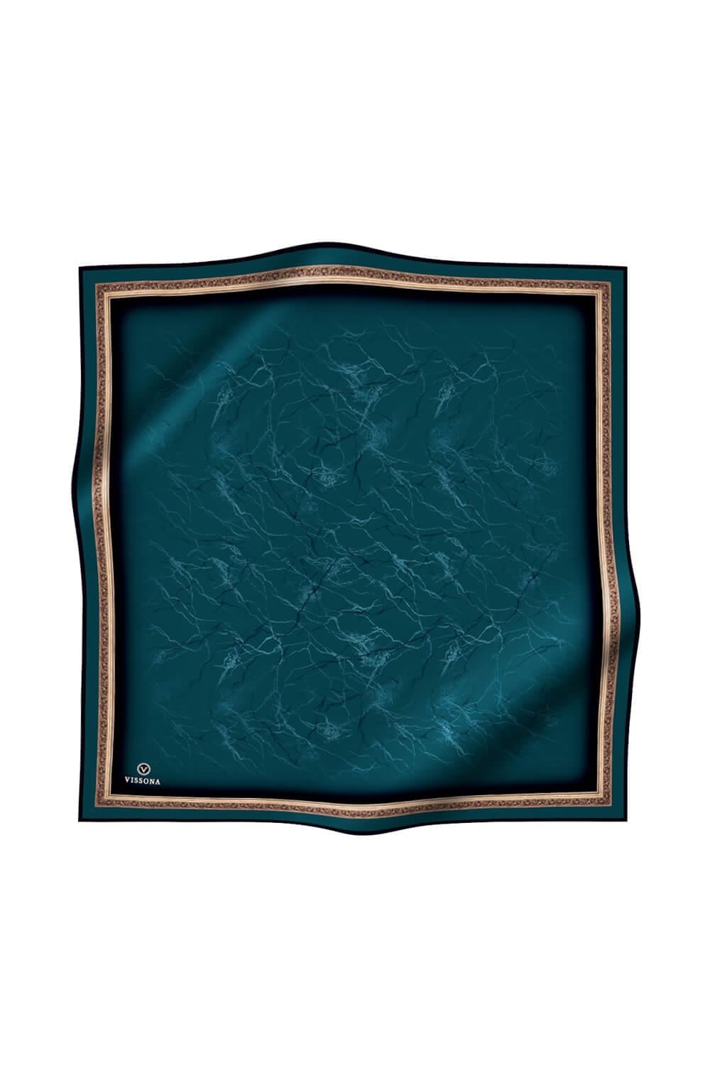 %100 Twill İpek Mermer Desenli Petrol Yeşili Renkli 90x90 Eşarp Dikim Şekli : El Dikişi