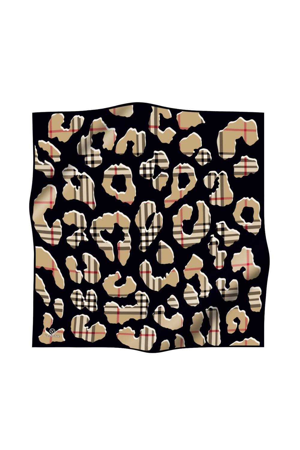 %100 Twill İpek Leopar Desenli Siyah - Bej Renkli 90x90 Eşarp Dikim Şekli : El Dikişi