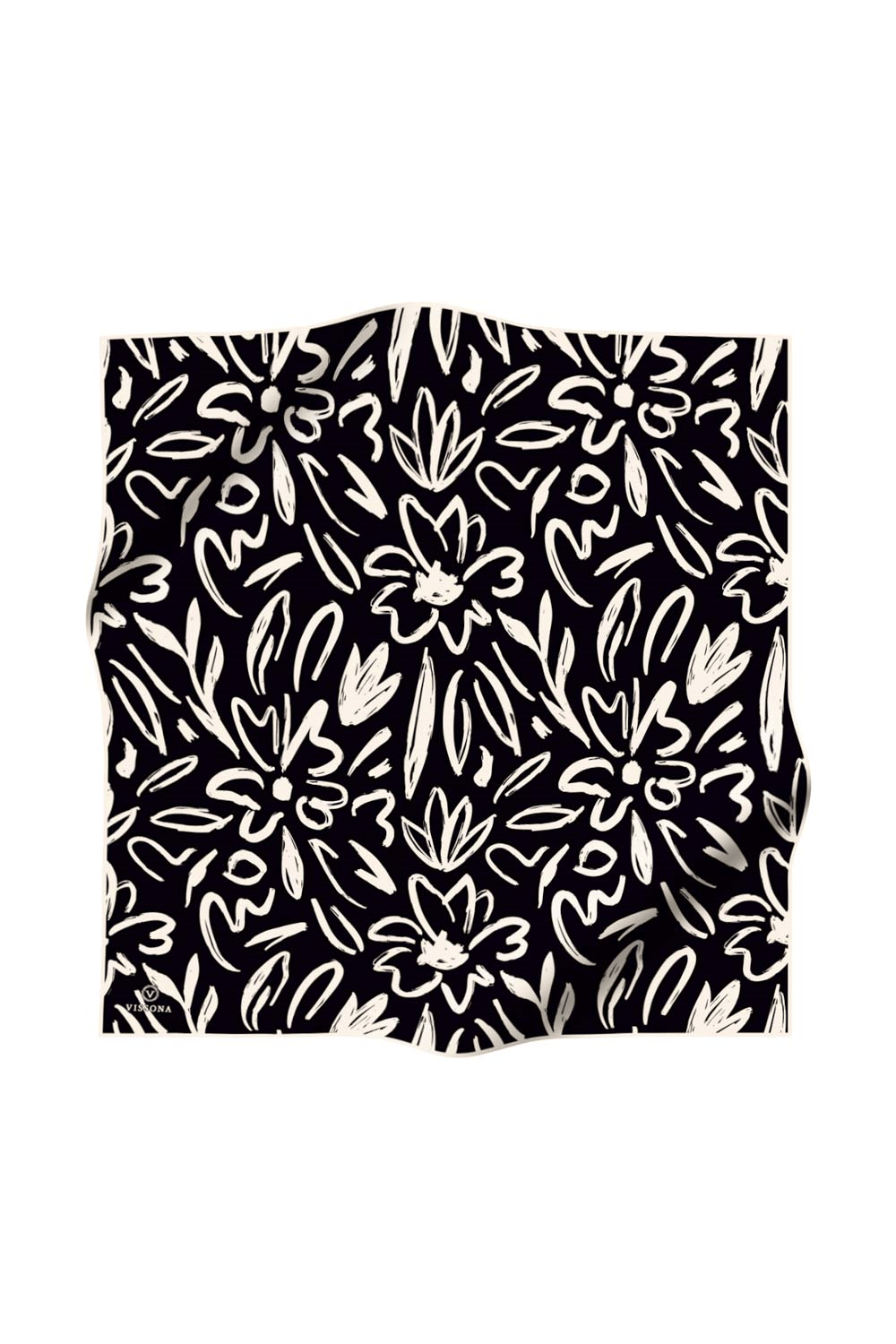 % 57 İPEK % 43 VİSKON Twill İpek Büyük Çiçek Desenli Siyah - Krem Renkli 90x90 Eşarp Dikim Şekli : El Dikişi