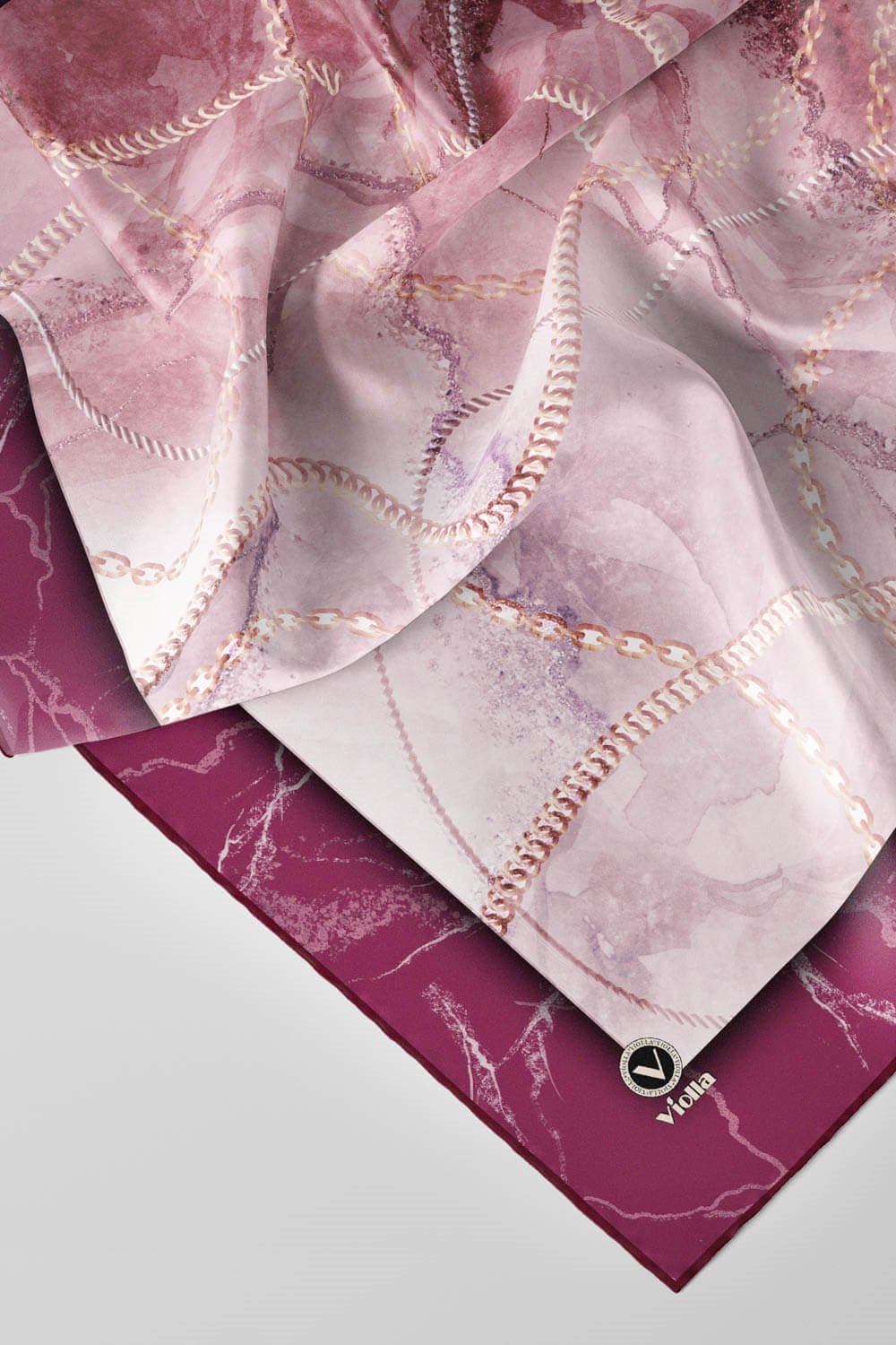 Twill Mermer ve Zincir Desenli Mürdüm Renkli 90x90 Eşarp (İpek İçermez) Kenar Dikiş Şekli El Dikişli