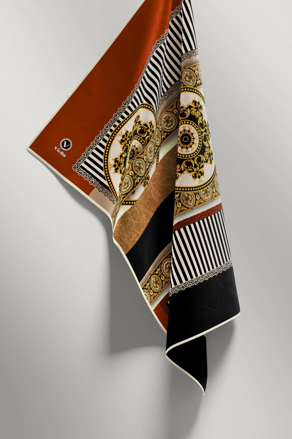 Twill Çizgili ve Barok Desenli Taba Renkli 90x90 Eşarp (İpek İçermez) Kenar Dikiş Şekli El Dikişli