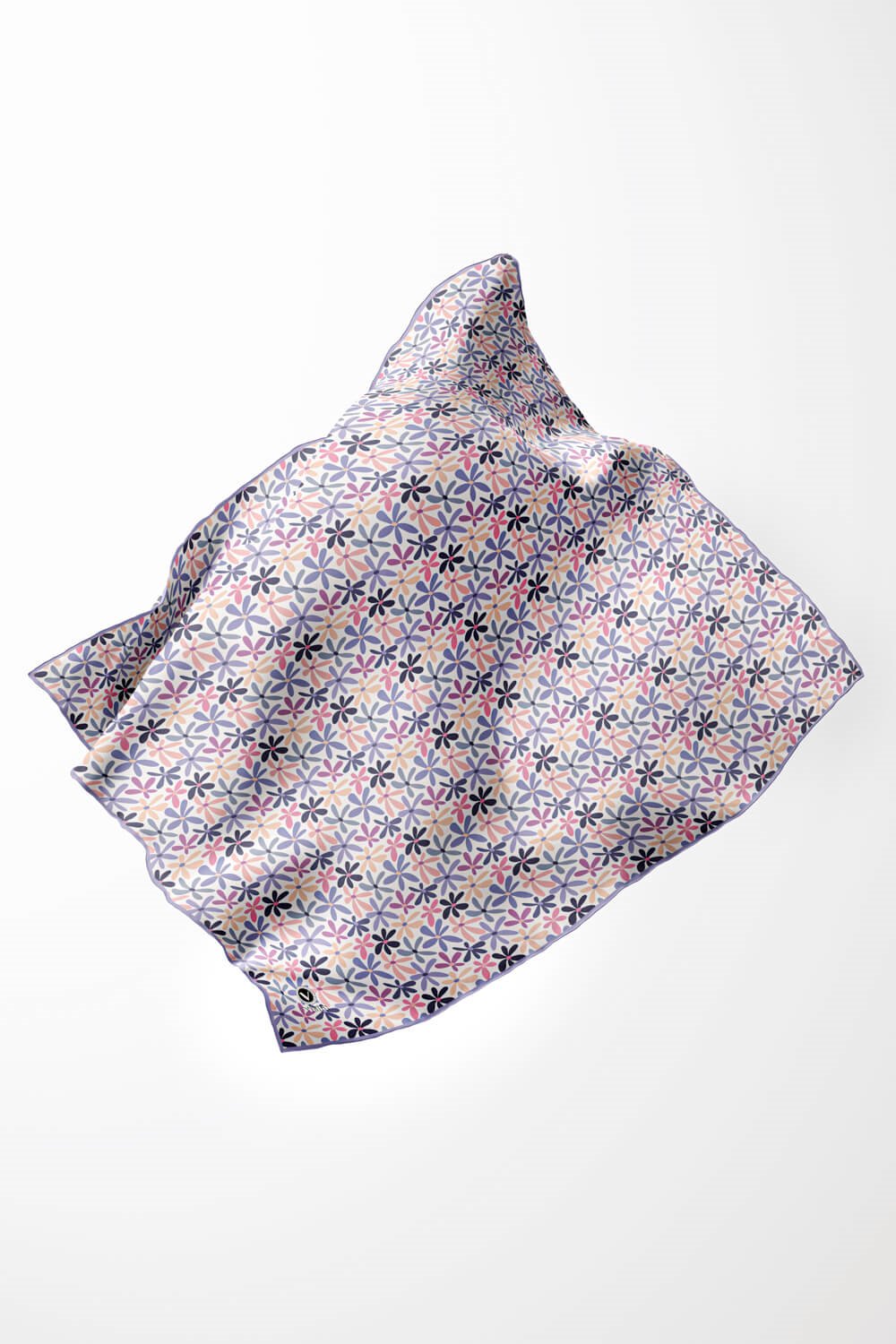 Twill Renkli Çiçek Desenli Lila Renkli 90x90 Eşarp (İpek İçermez) Kenar Dikiş Şekli El Dikişli