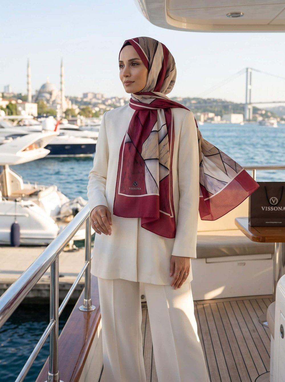100% İPEK MERMER DESENLİ BORDO - BEJ RENKLİ ŞAL