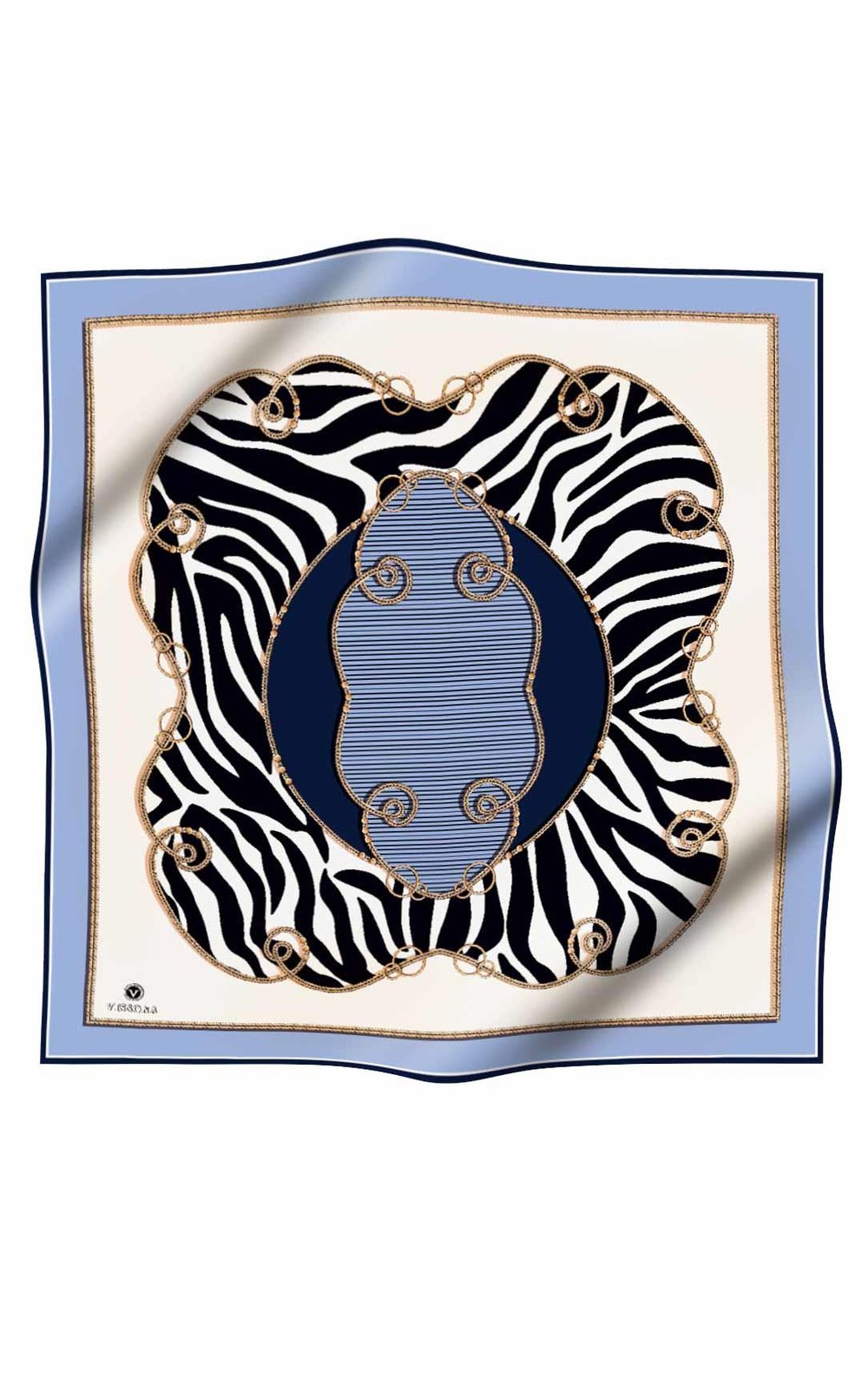 %100 Twill İpek Zincirli Ve Zebra Desenli Bebe Mavisi - Lacivert Renkli 90x90 Eşarp Dikim Şekli : El Dikişi