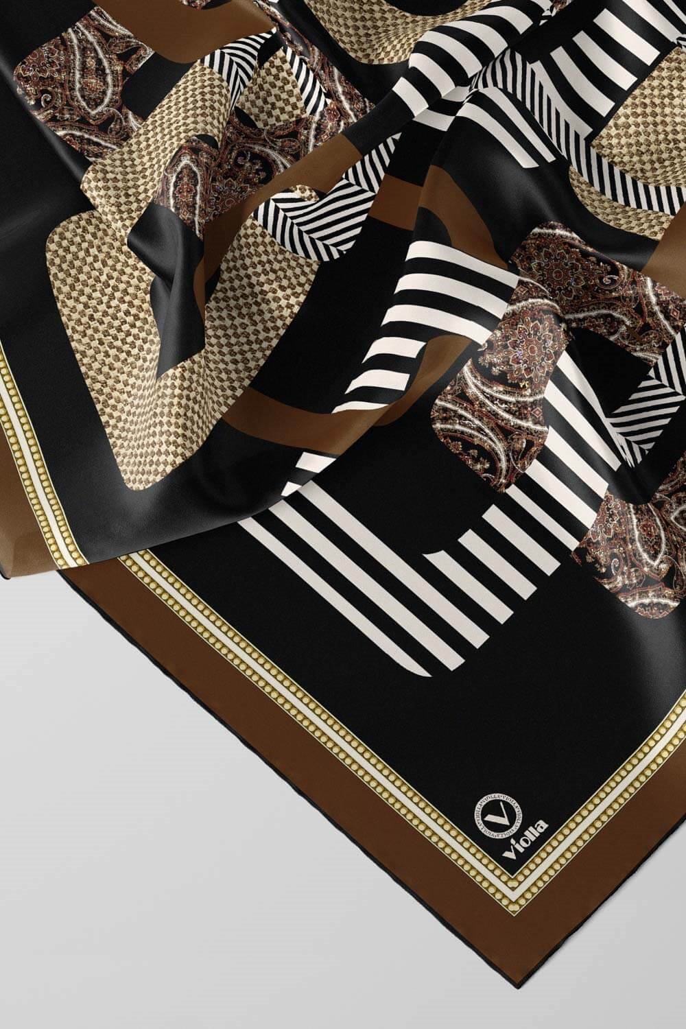 Twill Geometrik Desenli Taba Renkli 90x90 Eşarp (İpek İçermez) Kenar Dikiş Şekli El Dikişli