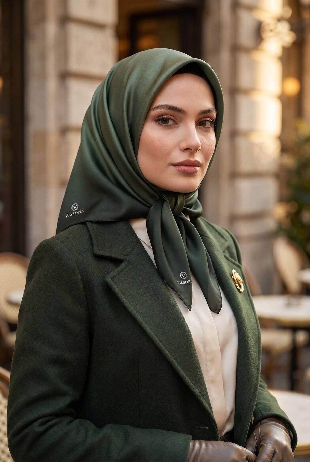 %100 Twill İpek Degrade Desenli Haki Renkli 90x90 Eşarp Dikim Şekli : El Dikişi