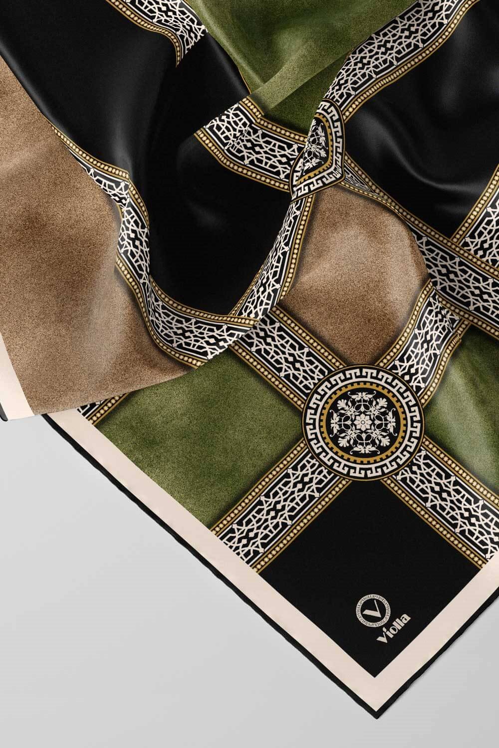 Twill Geometrik Desenli Haki Renkli 90x90 Eşarp (İpek İçermez) Kenar Dikiş Şekli El Dikişli