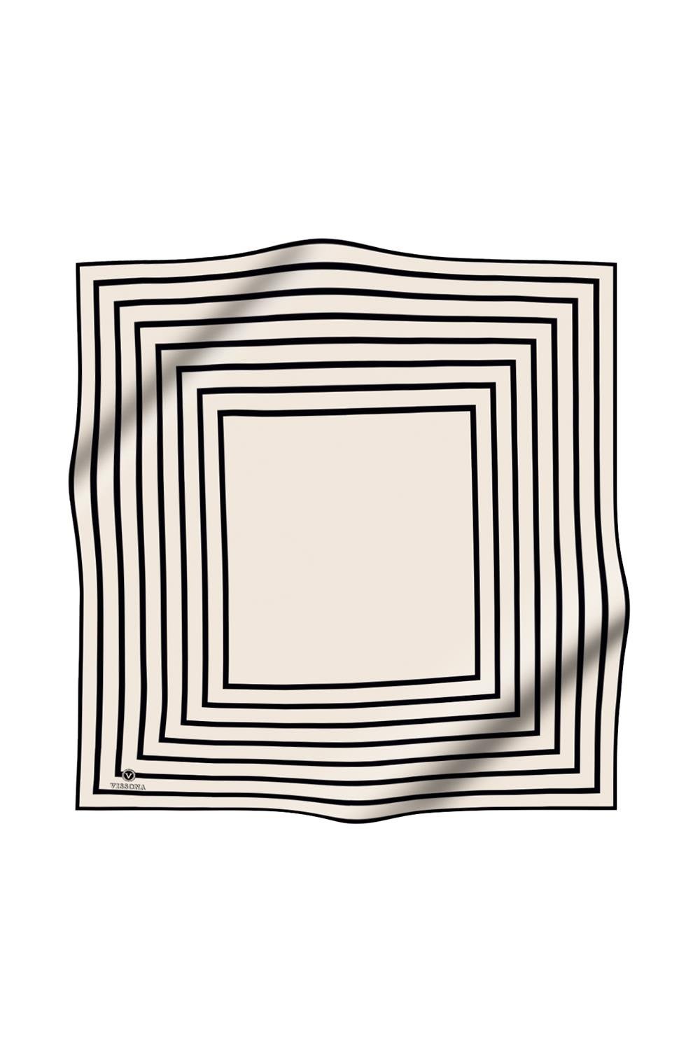 %100 Twill İpek Çizgili Desenli Krem - Siyah Renkli 90x90 Eşarp Dikim Şekli : El Dikişi