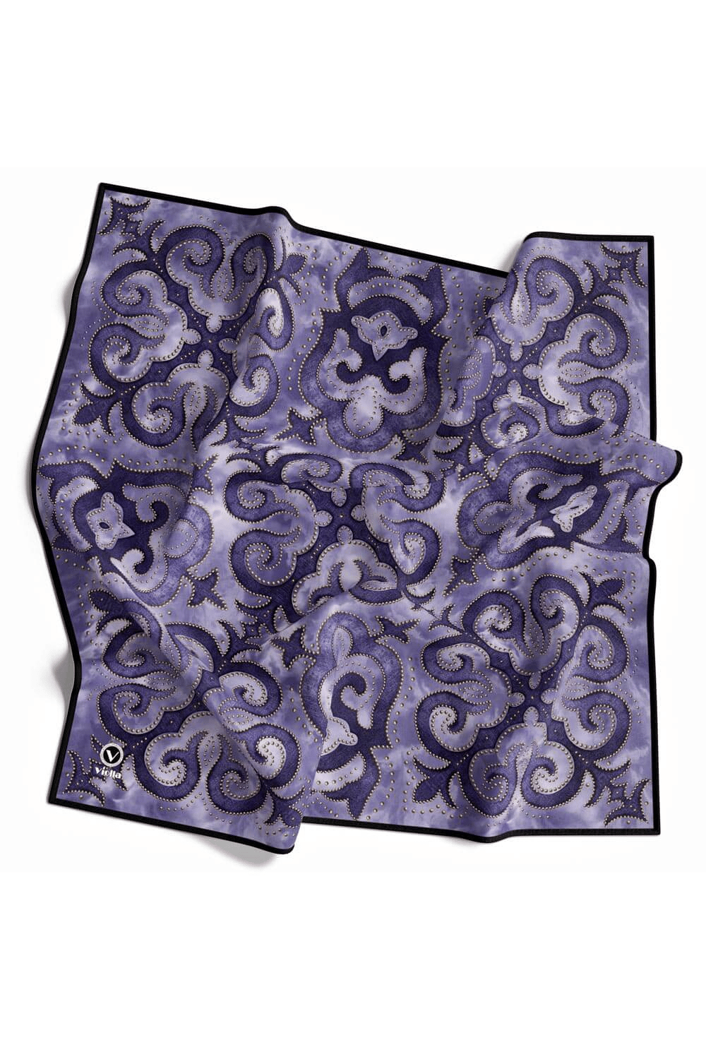 Twill Barok Desenli Lacivert Renkli 90x90 Eşarp (İpek İçermez) Kenar Dikiş Şekli El Dikişli